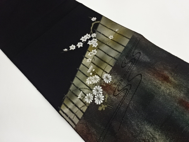 Honjo Chikuzen Hakata nagoya obi with chrysanthemum and maple leaf patterns in r